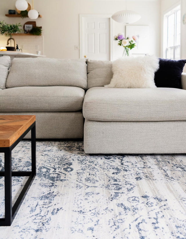 Dark Blue 7' 10 x 11' Chateau Rectangle Area Rug 85% Polypropylene & 15% Chenille With Cotton Backing Traditional Vintage Distressed Carpet for Classical Interior Design Decorating for Sale at Rug Engine