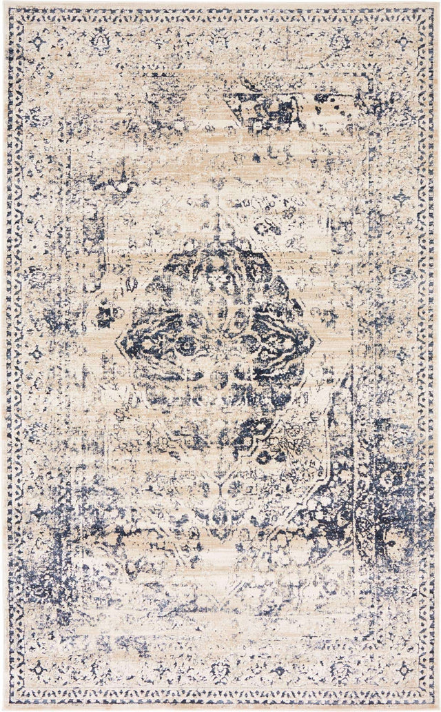 Dark Blue 5' 3 x 8' Chateau Rectangle Area Rug 85% Polypropylene & 15% Chenille With Cotton Backing Traditional Vintage Distressed Carpet for Classical Interior Design Decorating for Sale at Rug Engine