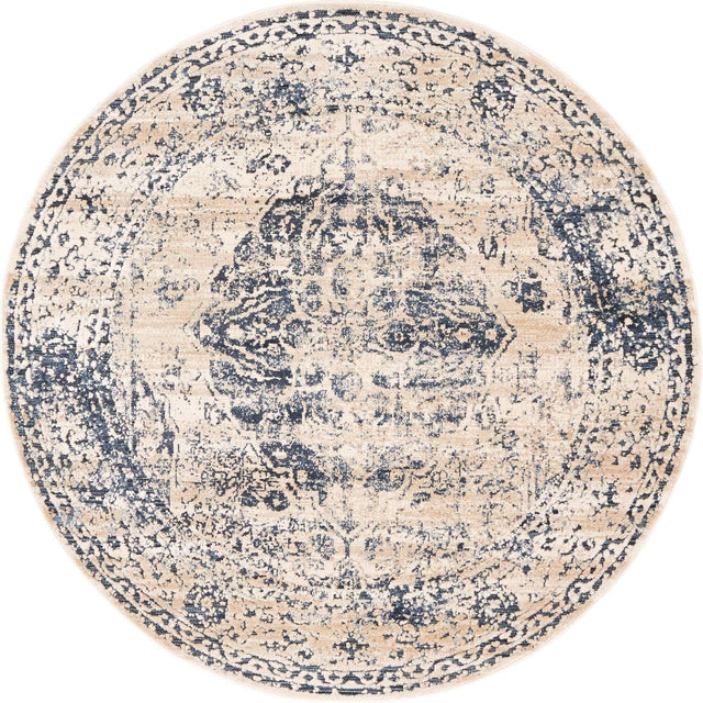Dark Blue 4' 1 x 4' 1 Chateau Round Area Rug 85% Polypropylene & 15% Chenille With Cotton Backing Traditional Vintage Distressed Carpet for Classical Interior Design Decorating for Sale at Rug Engine
