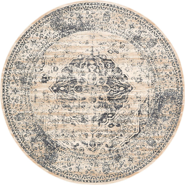 Dark Blue 7' 10 x 7' 10 Chateau Round Area Rug 85% Polypropylene & 15% Chenille With Cotton Backing Traditional Vintage Distressed Carpet for Classical Interior Design Decorating for Sale at Rug Engine