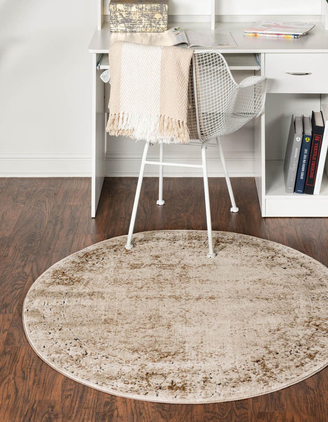 Beige 7' 10 x 7' 10 Chateau Round Area Rug 85% Polypropylene & 15% Chenille With Cotton Backing Traditional Vintage Distressed Carpet for Classical Interior Design Decorating for Sale at Rug Engine