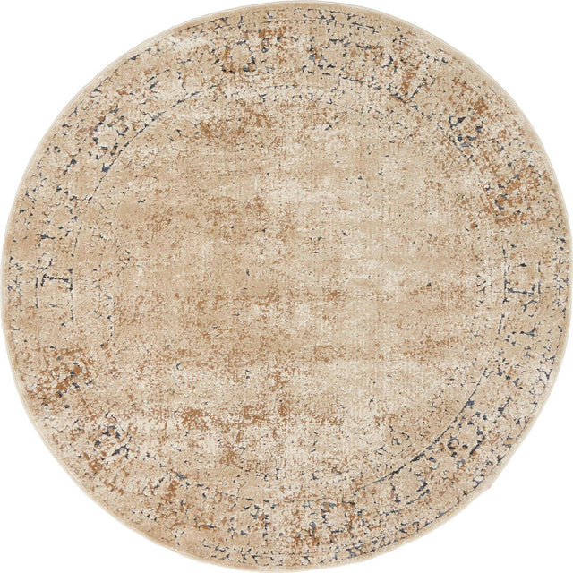 Beige 4' 1 x 4' 1 Chateau Round Area Rug 85% Polypropylene & 15% Chenille With Cotton Backing Traditional Vintage Distressed Carpet for Classical Interior Design Decorating for Sale at Rug Engine