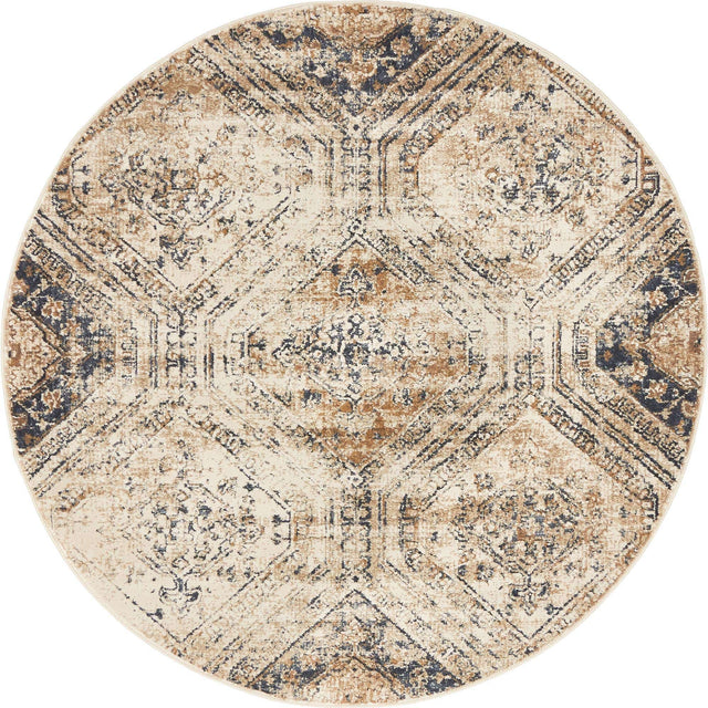 Blue Beige 4' 1 x 4' 1 Chateau Round Area Rug 85% Polypropylene & 15% Chenille With Cotton Backing Traditional Vintage Distressed Carpet for Classical Interior Design Decorating for Sale at Rug Engine