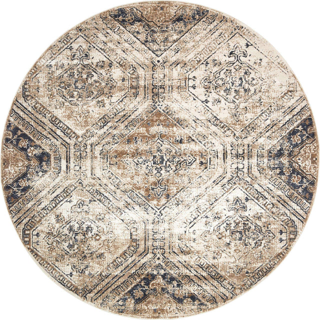 Blue Beige 7' 10 x 7' 10 Chateau Round Area Rug 85% Polypropylene & 15% Chenille With Cotton Backing Traditional Vintage Distressed Carpet for Classical Interior Design Decorating for Sale at Rug Engine