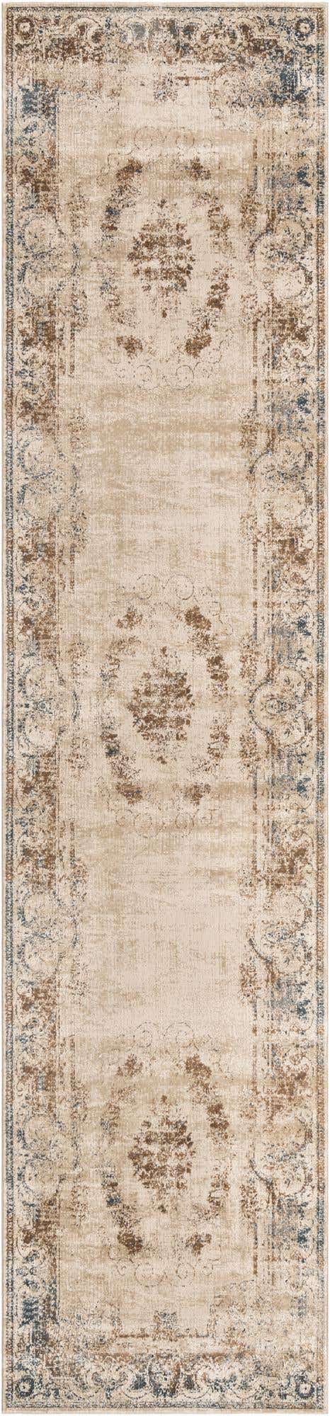 Blue Cream 3' 1 x 13' 1 Chateau Runner Area Rug 85% Polypropylene & 15% Chenille With Cotton Backing Traditional Vintage Distressed Carpet for Classical Interior Design Decorating for Sale at Rug Engine