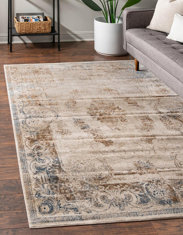 Blue Cream 3' 1 x 5' 3 Chateau Rectangle Area Rug 85% Polypropylene & 15% Chenille With Cotton Backing Traditional Vintage Distressed Carpet for Classical Interior Design Decorating for Sale at Rug Engine