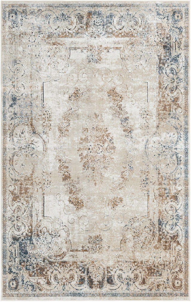 Blue Cream 5' 3 x 8' Chateau Rectangle Area Rug 85% Polypropylene & 15% Chenille With Cotton Backing Traditional Vintage Distressed Carpet for Classical Interior Design Decorating for Sale at Rug Engine