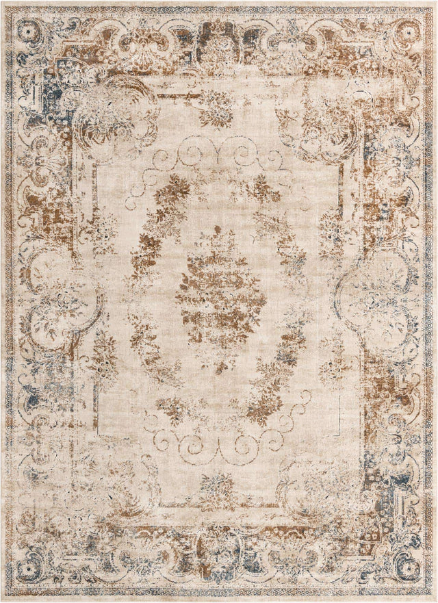 Blue Cream 9' x 12' Chateau Rectangle Area Rug 85% Polypropylene & 15% Chenille With Cotton Backing Traditional Vintage Distressed Carpet for Classical Interior Design Decorating for Sale at Rug Engine