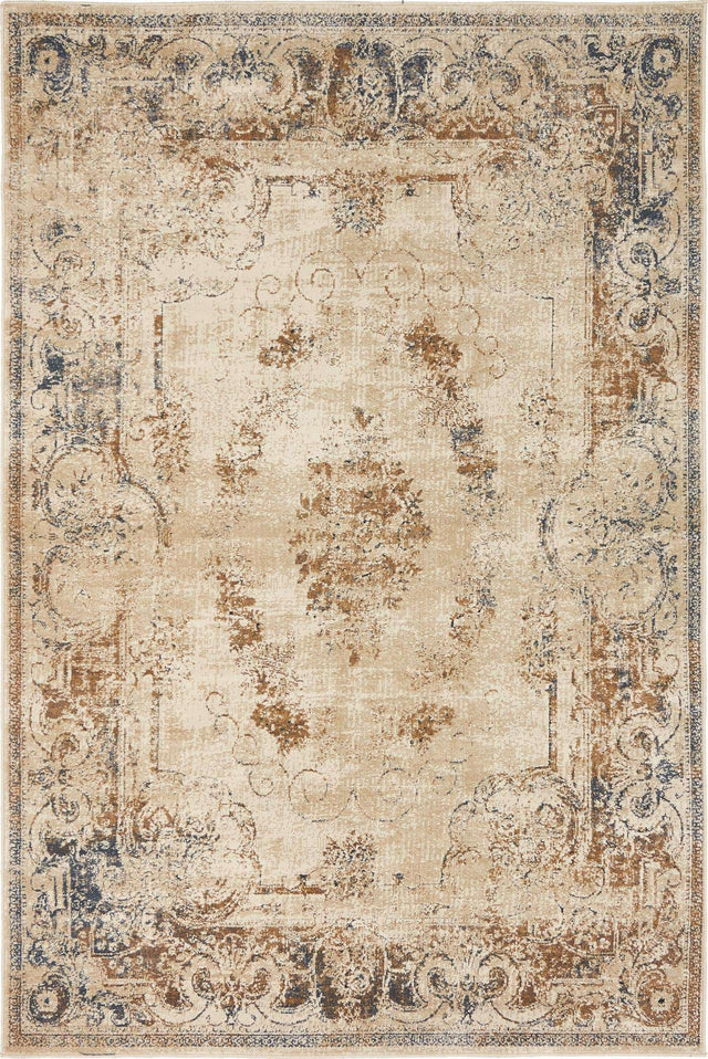 Blue Cream 4' 1 x 6' 1 Chateau Rectangle Area Rug 85% Polypropylene & 15% Chenille With Cotton Backing Traditional Vintage Distressed Carpet for Classical Interior Design Decorating for Sale at Rug Engine