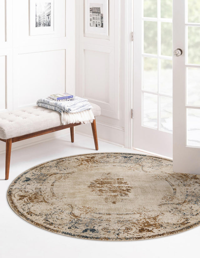 Blue Cream 4' 1 x 4' 1 Chateau Round Area Rug 85% Polypropylene & 15% Chenille With Cotton Backing Traditional Vintage Distressed Carpet for Classical Interior Design Decorating for Sale at Rug Engine