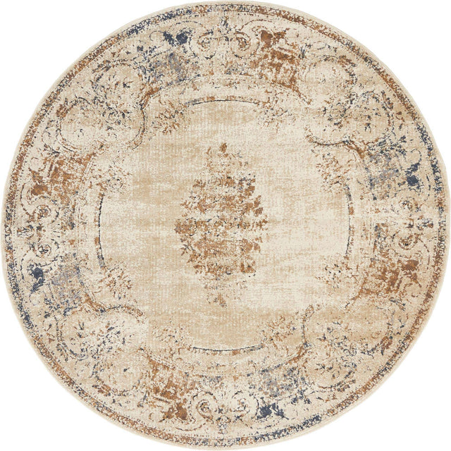 Blue Cream 4' 1 x 4' 1 Chateau Round Area Rug 85% Polypropylene & 15% Chenille With Cotton Backing Traditional Vintage Distressed Carpet for Classical Interior Design Decorating for Sale at Rug Engine