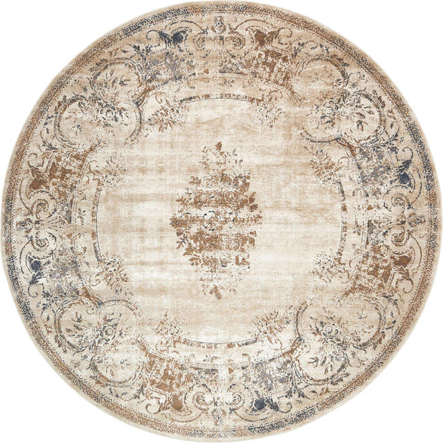 Blue Cream 7' 10 x 7' 10 Chateau Round Area Rug 85% Polypropylene & 15% Chenille With Cotton Backing Traditional Vintage Distressed Carpet for Classical Interior Design Decorating for Sale at Rug Engine