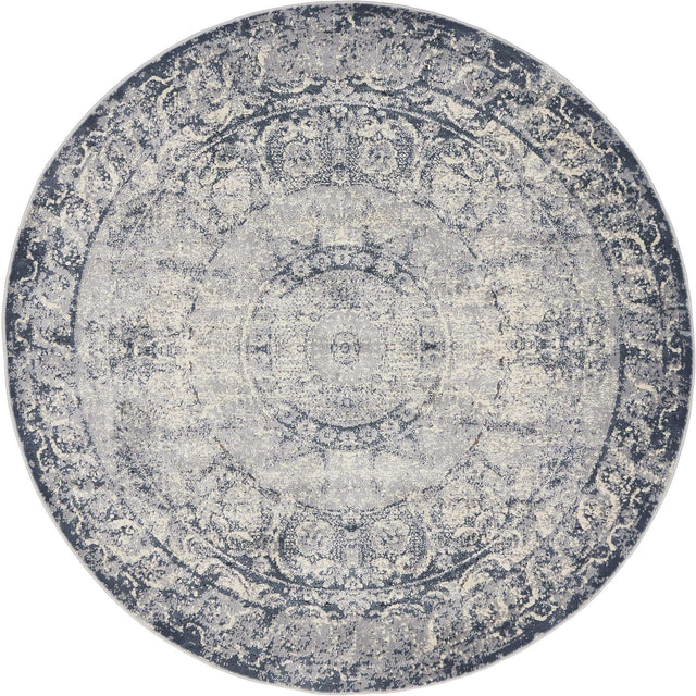 Dark Blue 4' 1 x 4' 1 Chateau Round Area Rug 85% Polypropylene & 15% Chenille With Cotton Backing Traditional Vintage Distressed Carpet for Classical Interior Design Decorating for Sale at Rug Engine