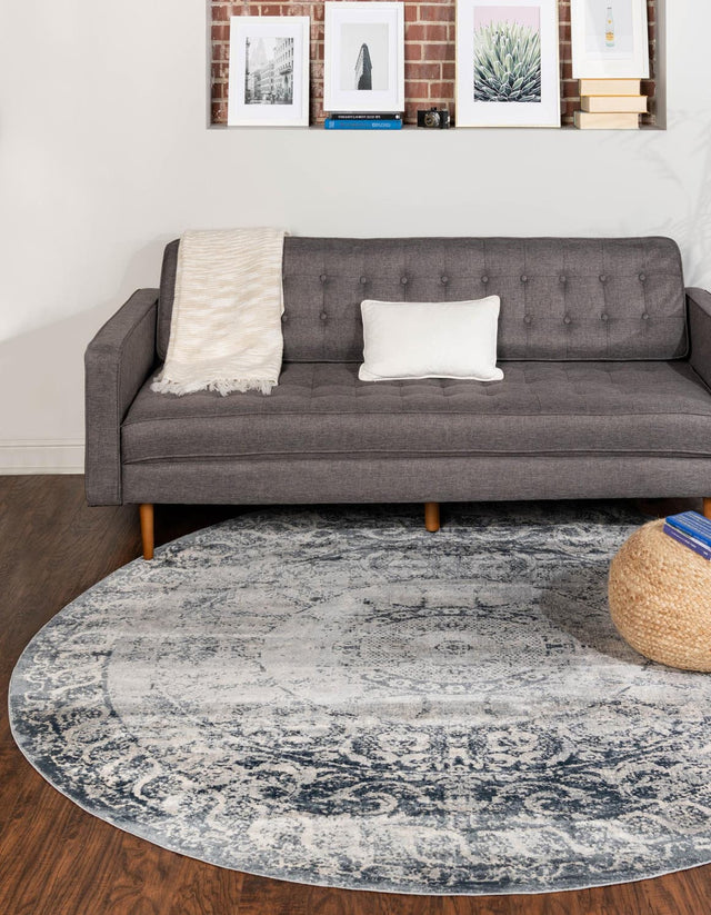 Dark Blue 7' 10 x 7' 10 Chateau Round Area Rug 85% Polypropylene & 15% Chenille With Cotton Backing Traditional Vintage Distressed Carpet for Classical Interior Design Decorating for Sale at Rug Engine