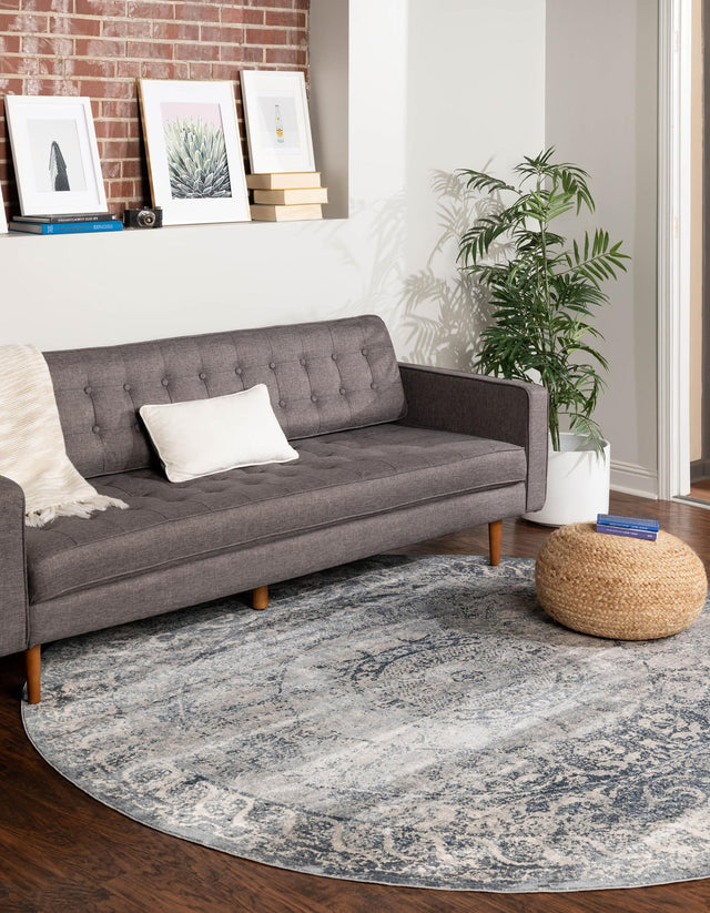 Dark Blue 7' 10 x 7' 10 Chateau Round Area Rug 85% Polypropylene & 15% Chenille With Cotton Backing Traditional Vintage Distressed Carpet for Classical Interior Design Decorating for Sale at Rug Engine