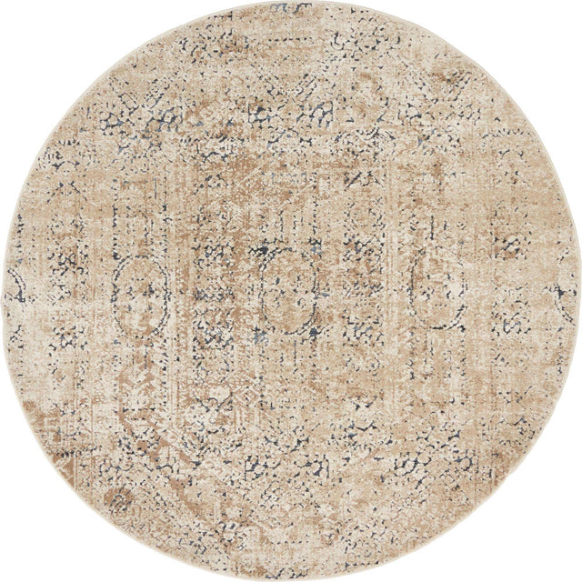 Beige 4' 1 x 4' 1 Chateau Round Area Rug 85% Polypropylene & 15% Chenille With Cotton Backing Traditional Vintage Distressed Carpet for Classical Interior Design Decorating for Sale at Rug Engine