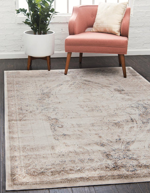 Beige 9' x 12' Chateau Rectangle Area Rug 85% Polypropylene & 15% Chenille With Cotton Backing Traditional Vintage Distressed Carpet for Classical Interior Design Decorating for Sale at Rug Engine
