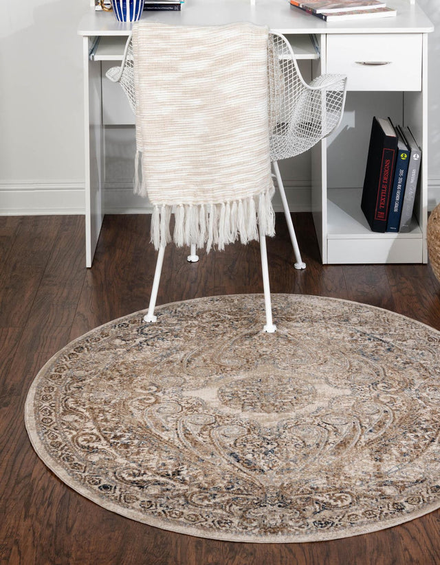Beige 7' 10 x 7' 10 Chateau Round Area Rug 85% Polypropylene & 15% Chenille With Cotton Backing Traditional Vintage Distressed Carpet for Classical Interior Design Decorating for Sale at Rug Engine