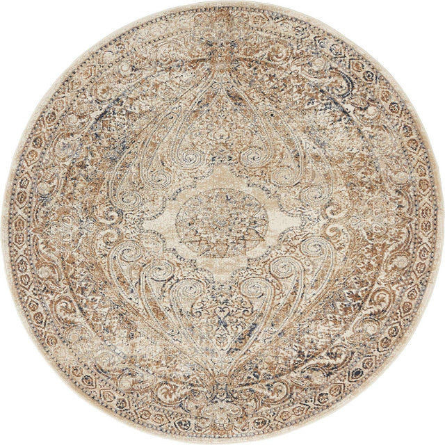 Beige 4' 1 x 4' 1 Chateau Round Area Rug 85% Polypropylene & 15% Chenille With Cotton Backing Traditional Vintage Distressed Carpet for Classical Interior Design Decorating for Sale at Rug Engine