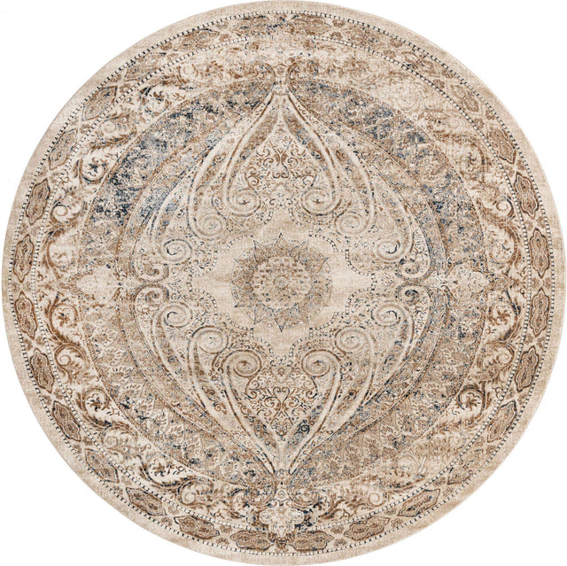 Beige 7' 10 x 7' 10 Chateau Round Area Rug 85% Polypropylene & 15% Chenille With Cotton Backing Traditional Vintage Distressed Carpet for Classical Interior Design Decorating for Sale at Rug Engine
