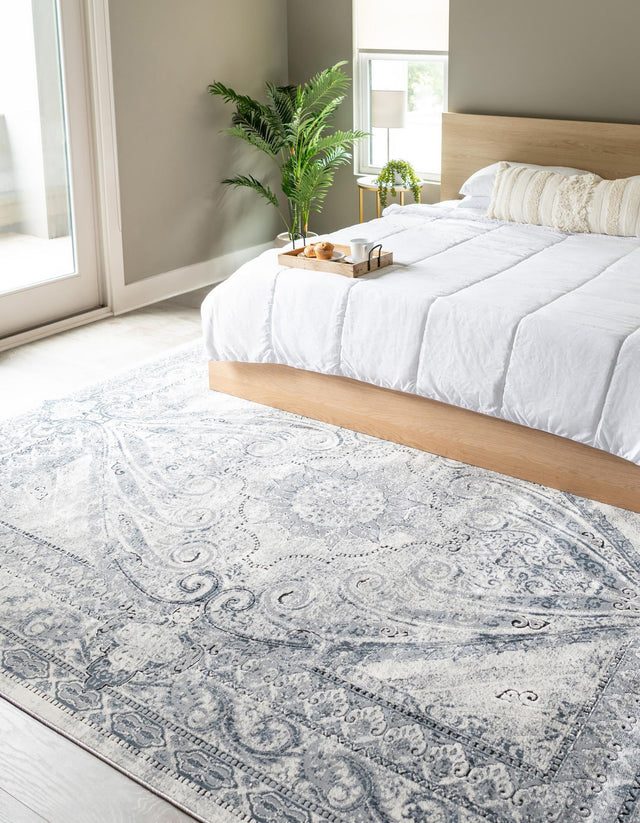 Dark Blue 9' x 12' Chateau Rectangle Area Rug 85% Polypropylene & 15% Chenille With Cotton Backing Traditional Vintage Distressed Carpet for Classical Interior Design Decorating for Sale at Rug Engine