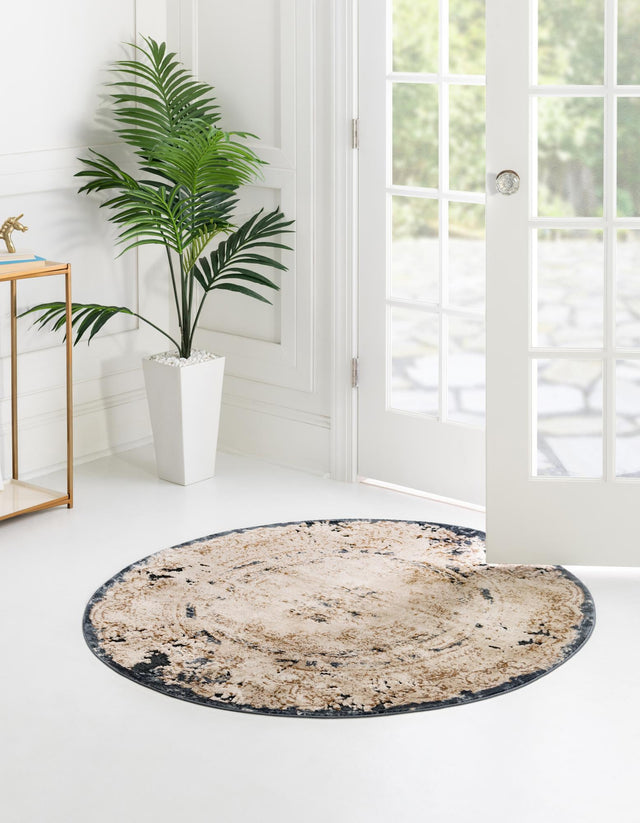 Cream 4' 1 x 4' 1 Chateau Round Area Rug 85% Polypropylene & 15% Chenille With Cotton Backing Traditional Vintage Distressed Carpet for Classical Interior Design Decorating for Sale at Rug Engine