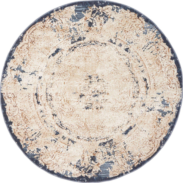 Cream 4' 1 x 4' 1 Chateau Round Area Rug 85% Polypropylene & 15% Chenille With Cotton Backing Traditional Vintage Distressed Carpet for Classical Interior Design Decorating for Sale at Rug Engine