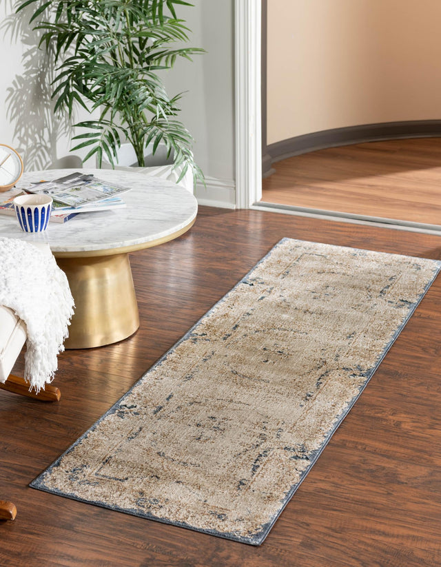 Cream 3' 1 x 13' 1 Chateau Runner Area Rug 85% Polypropylene & 15% Chenille With Cotton Backing Traditional Vintage Distressed Carpet for Classical Interior Design Decorating for Sale at Rug Engine