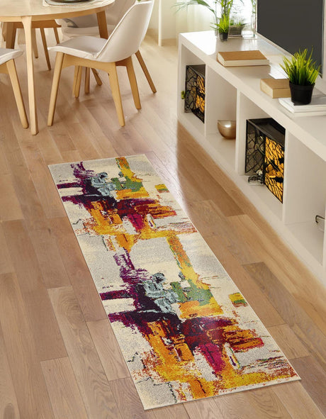 Beige 2' 7 x 10' Estrella Runner Area Rug 100% Polypropylene Non-Shedding Stain Resistant Carpet Colorful Modern Abstract Design Easy Clean for Home Decor for Sale at Rug Engine