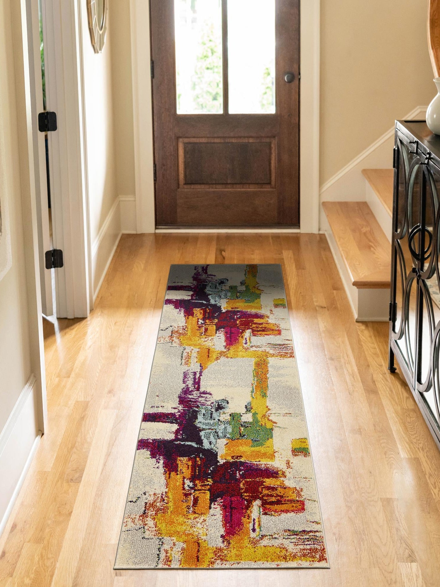 Beige 2' 7 x 10' Estrella Runner Area Rug 100% Polypropylene Non-Shedding Stain Resistant Carpet Colorful Modern Abstract Design Easy Clean for Home Decor for Sale at Rug Engine