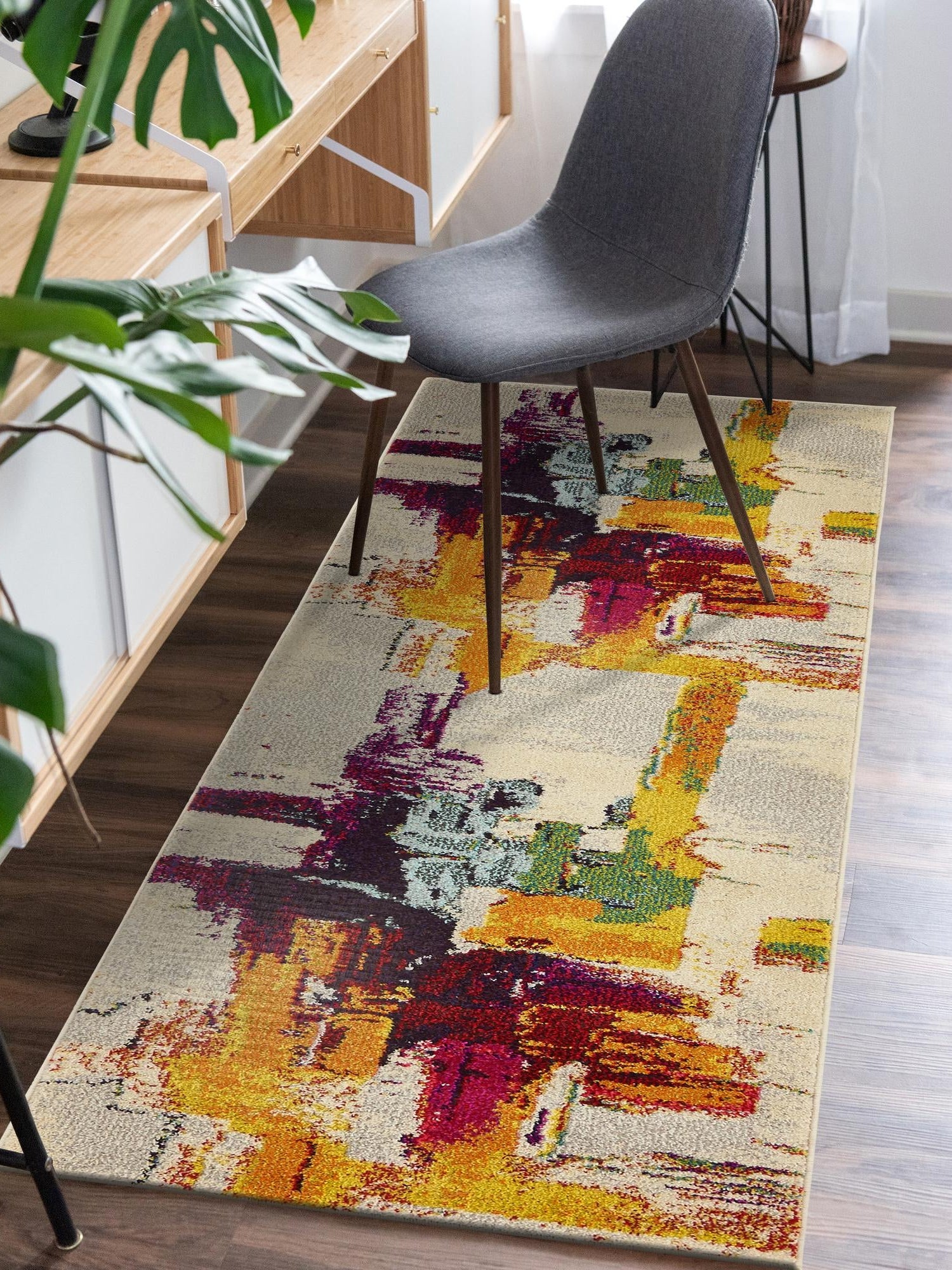 Beige 2' 7 x 10' Estrella Runner Area Rug 100% Polypropylene Non-Shedding Stain Resistant Carpet Colorful Modern Abstract Design Easy Clean for Home Decor for Sale at Rug Engine