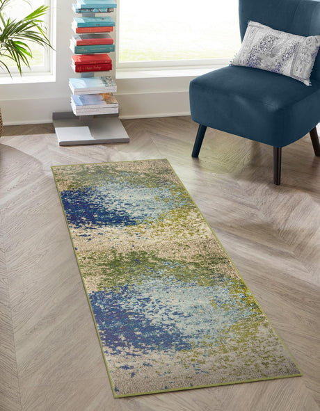 Blue 2' 7 x 10' Estrella Runner Area Rug 100% Polypropylene Non-Shedding Stain Resistant Carpet Colorful Modern Abstract Design Easy Clean for Home Decor for Sale at Rug Engine