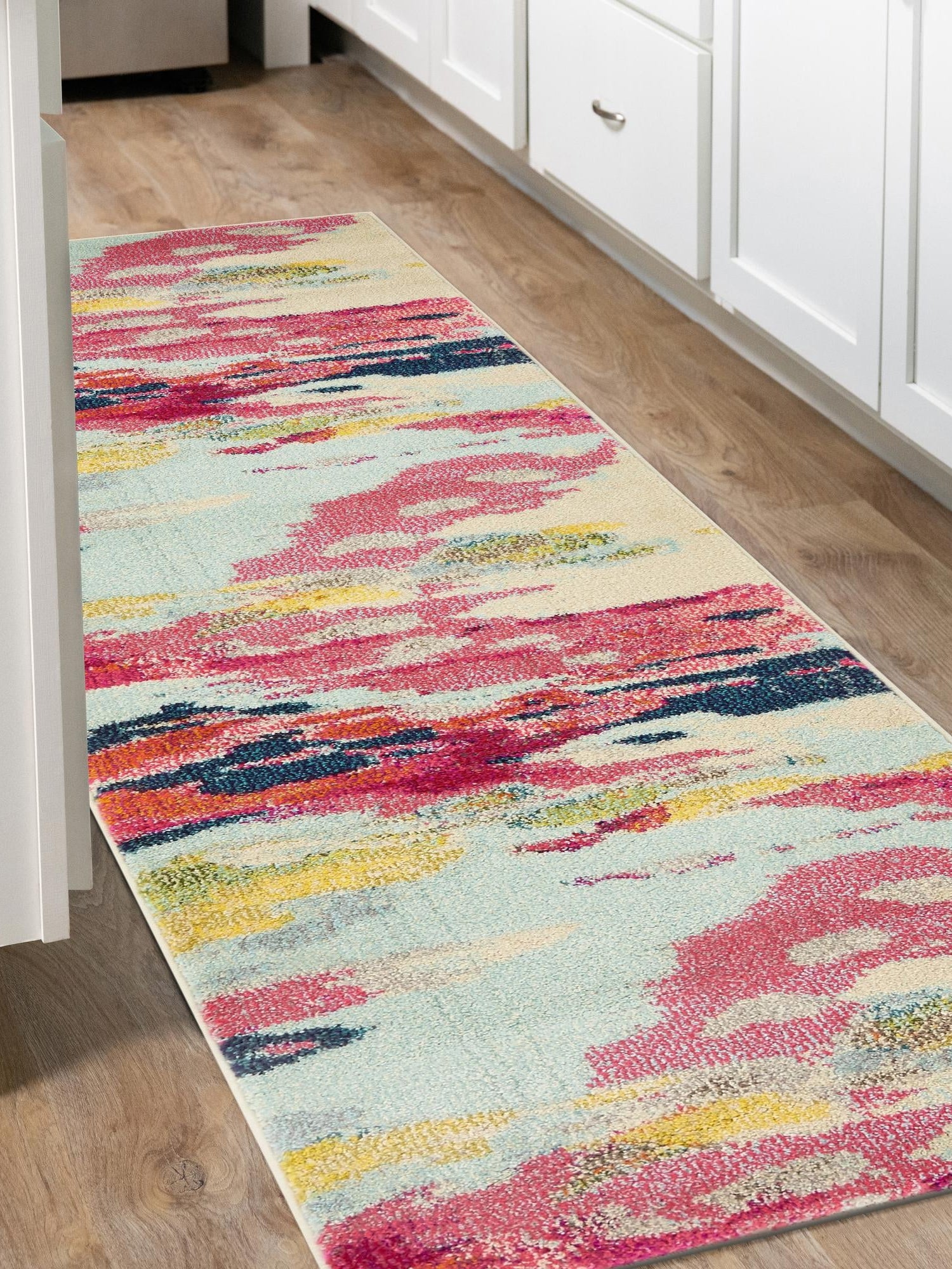 Pink 2' 7 x 10' Estrella Runner Area Rug 100% Polypropylene Non-Shedding Stain Resistant Carpet Colorful Modern Abstract Design Easy Clean for Home Decor for Sale at Rug Engine