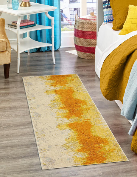 Yellow 2' 7 x 10' Estrella Runner Area Rug 100% Polypropylene Non-Shedding Stain Resistant Carpet Colorful Modern Abstract Design Easy Clean for Home Decor for Sale at Rug Engine