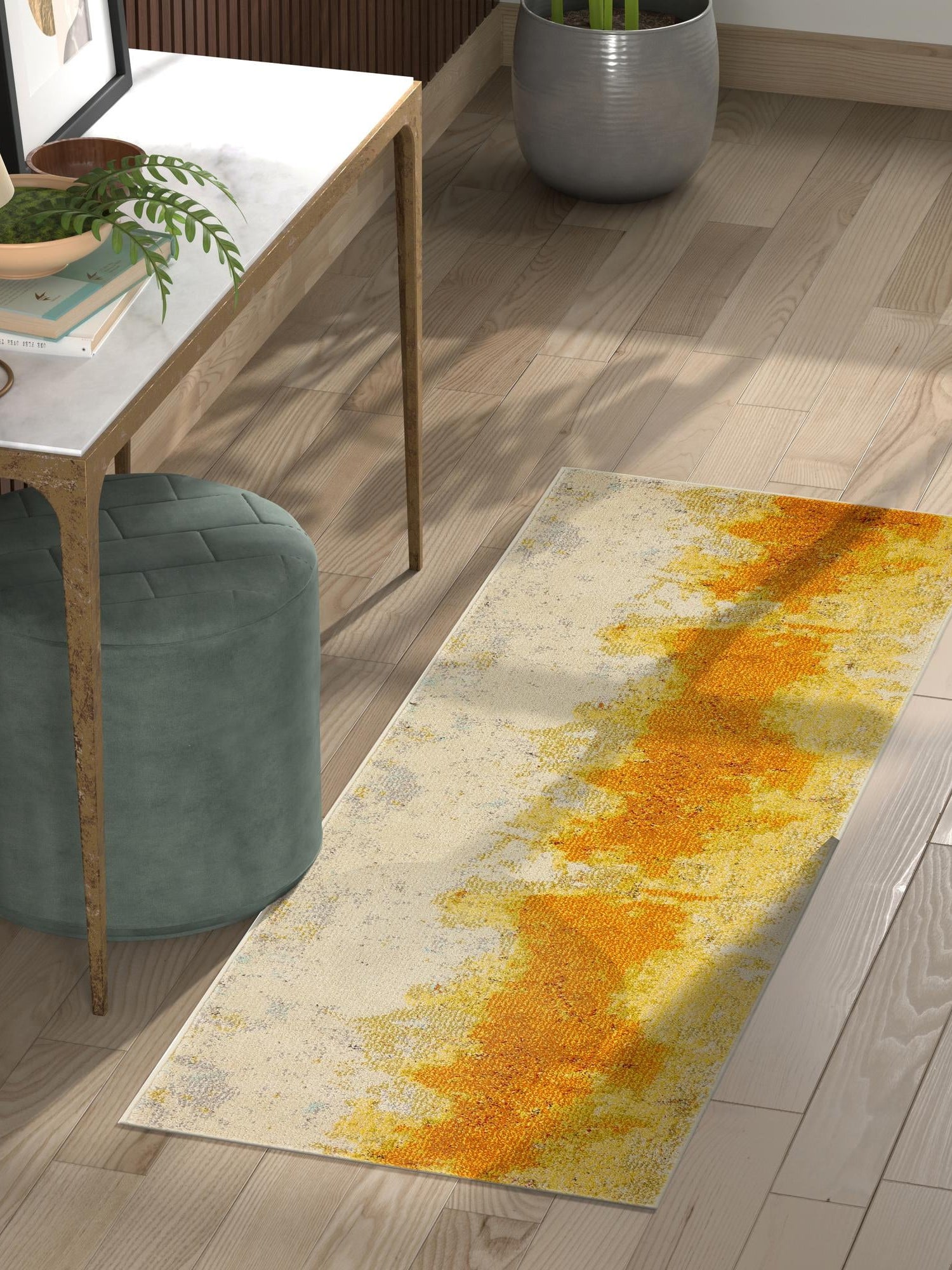 Yellow 2' 2 x 6' 9 Estrella Runner Area Rug 100% Polypropylene Non-Shedding Stain Resistant Carpet Colorful Modern Abstract Design Easy Clean for Home Decor for Sale at Rug Engine