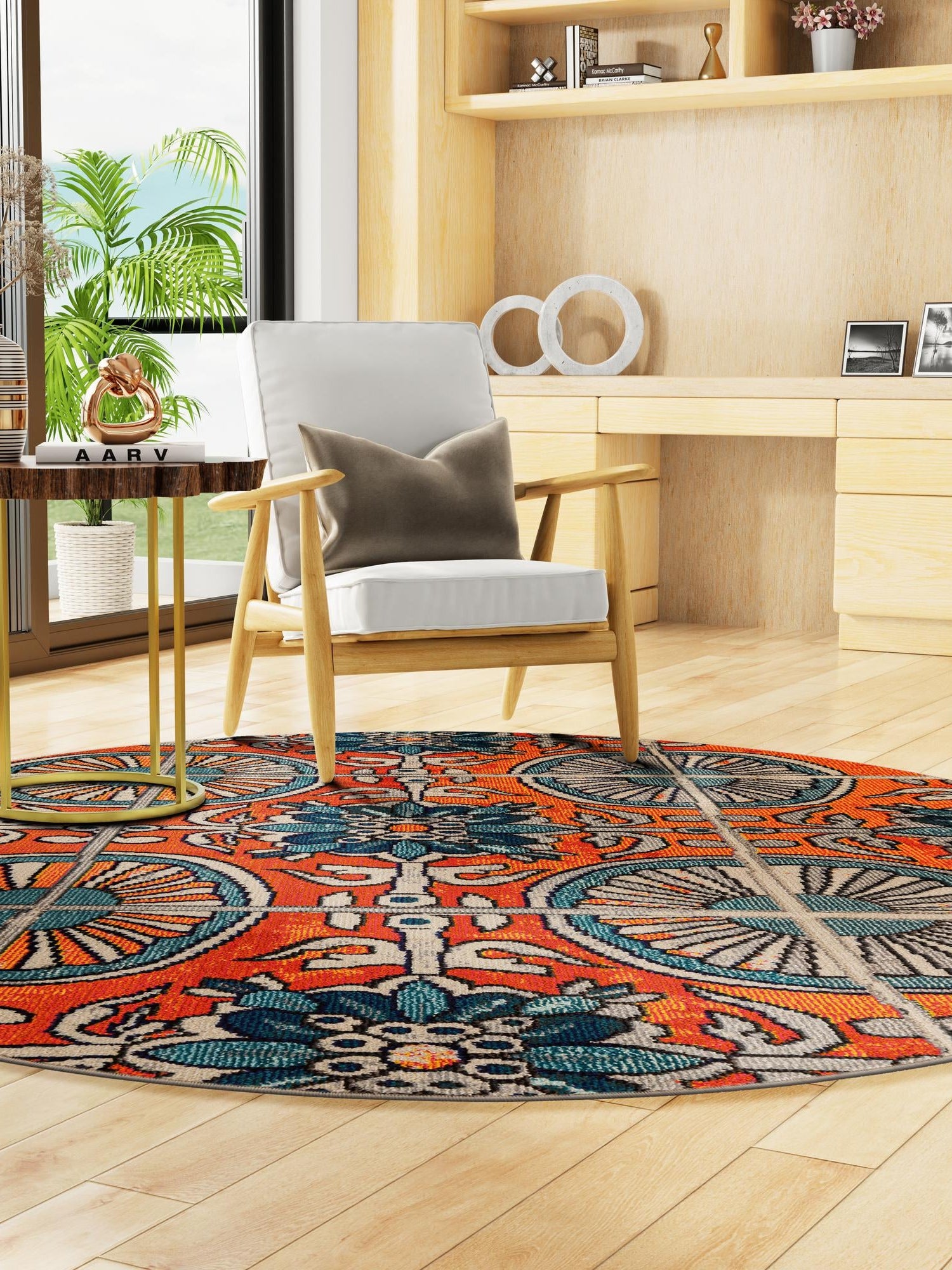 Orange 6' 1 x 6' 1 Estrella Round Area Rug 100% Polypropylene Non-Shedding Stain Resistant Carpet Colorful Modern Abstract Design Easy Clean for Home Decor for Sale at Rug Engine