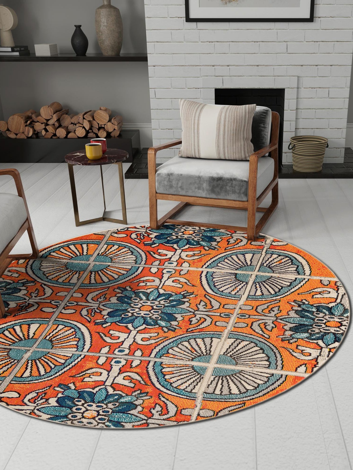 Orange 6' 1 x 6' 1 Estrella Round Area Rug 100% Polypropylene Non-Shedding Stain Resistant Carpet Colorful Modern Abstract Design Easy Clean for Home Decor for Sale at Rug Engine