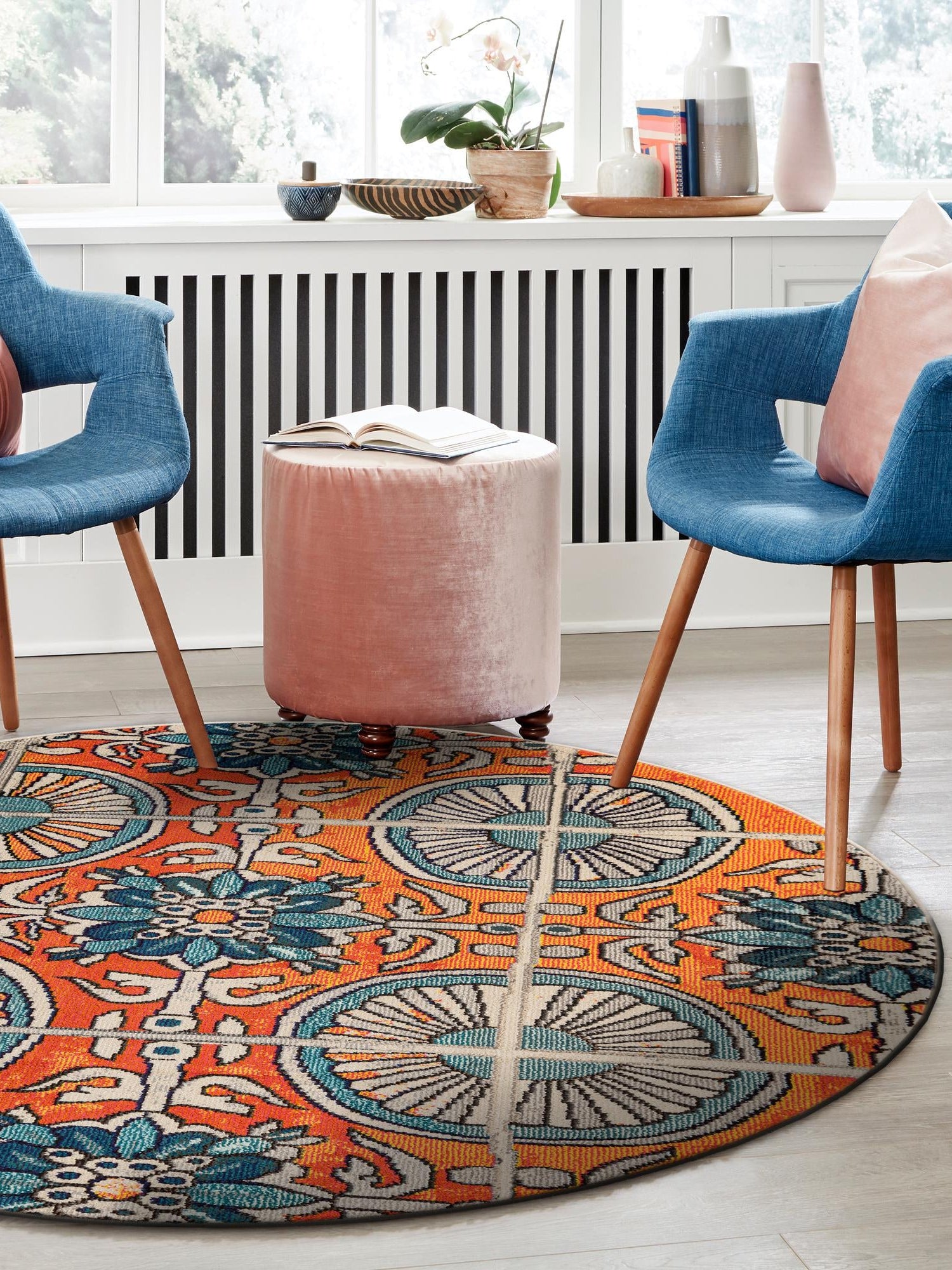Orange 6' 1 x 6' 1 Estrella Round Area Rug 100% Polypropylene Non-Shedding Stain Resistant Carpet Colorful Modern Abstract Design Easy Clean for Home Decor for Sale at Rug Engine