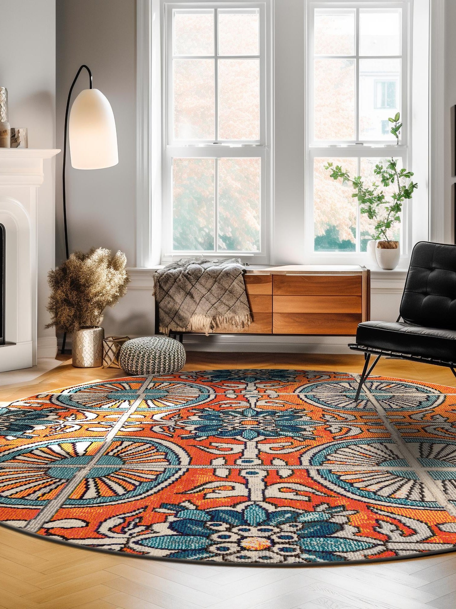 Orange 6' 1 x 6' 1 Estrella Round Area Rug 100% Polypropylene Non-Shedding Stain Resistant Carpet Colorful Modern Abstract Design Easy Clean for Home Decor for Sale at Rug Engine