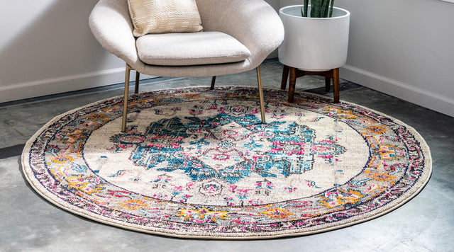 Beige 6' 1 x 6' 1 Medici Round Area Rug 100% Polypropylene Traditional Vintage Classic Carpet for Home Interior Design Decor for Sale at Rug Engine