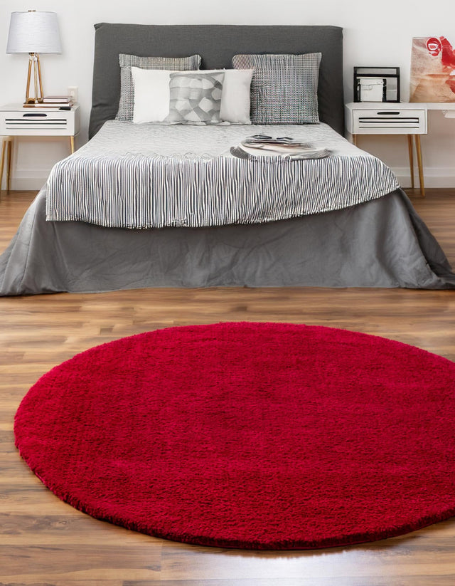 Red 8' x 8' Solo Round Area Rug Thick Soft Touch Fluffy & Plush Shaggy Pile