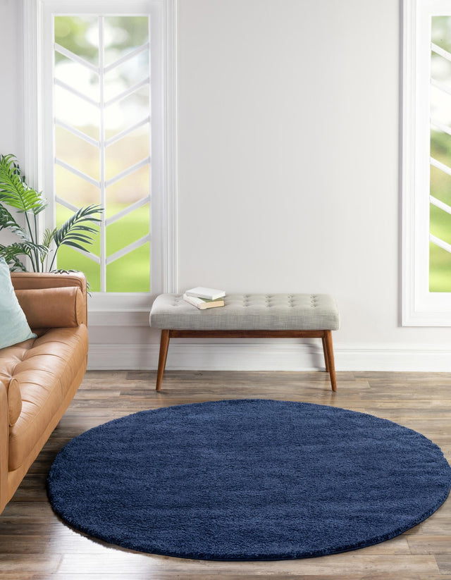 Navy Blue 6' 1 x 6' 1 Solo Round Area Rug Thick Soft Touch Fluffy & Plush Shaggy Pile Durable Minimalist Carpet for Classic Interior Design for Sale at Rug Engine