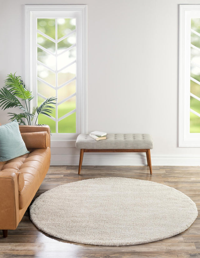 Ivory 8' x 8' Solo Round Area Rug Thick Soft Touch Fluffy & Plush Shaggy Pile