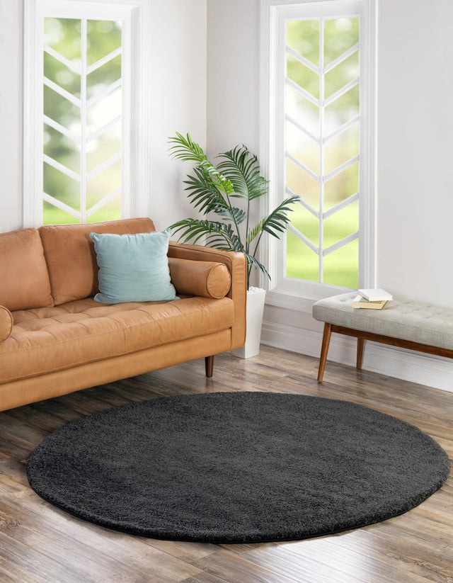 Charcoal 6' 1 x 6' 1 Solo Round Area Rug Thick Soft Touch Fluffy & Plush Shaggy Pile Durable Minimalist Carpet for Classic Interior Design for Sale at Rug Engine