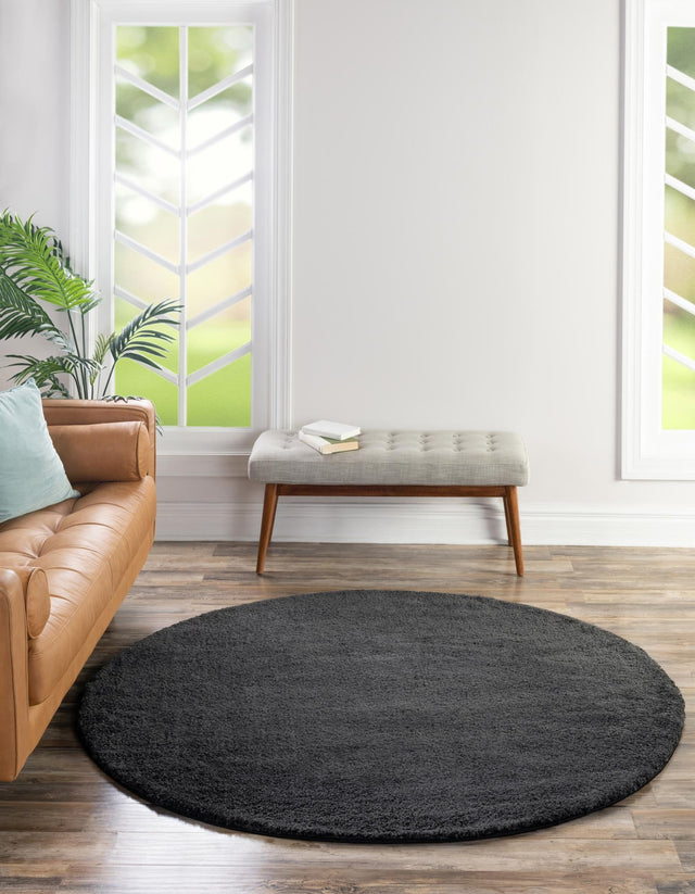 Charcoal 6' 1 x 6' 1 Solo Round Area Rug Thick Soft Touch Fluffy & Plush Shaggy Pile Durable Minimalist Carpet for Classic Interior Design for Sale at Rug Engine
