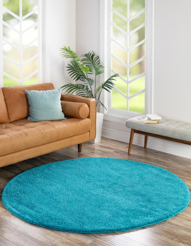 Turquoise 7' 10 x 7' 10 Solo Round Area Rug Thick Soft Touch Fluffy & Plush Shaggy Pile Durable Minimalist Carpet for Classic Interior Design for Sale at Rug Engine