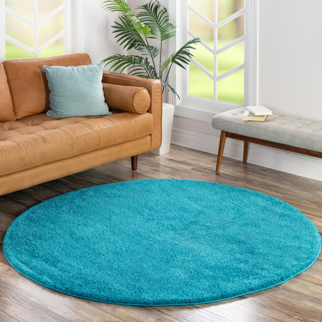 Turquoise 7' 10 x 7' 10 Solo Round Area Rug Thick Soft Touch Fluffy & Plush Shaggy Pile Durable Minimalist Carpet for Classic Interior Design for Sale at Rug Engine