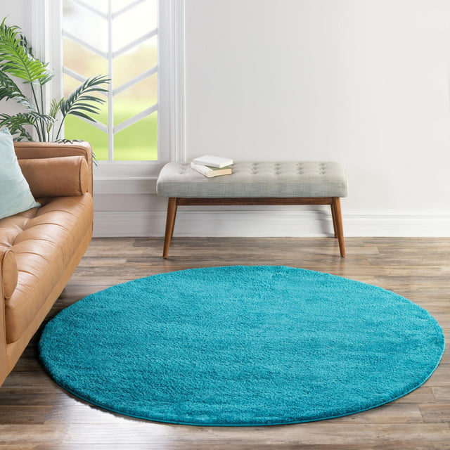 Turquoise 7' 10 x 7' 10 Solo Round Area Rug Thick Soft Touch Fluffy & Plush Shaggy Pile Durable Minimalist Carpet for Classic Interior Design for Sale at Rug Engine