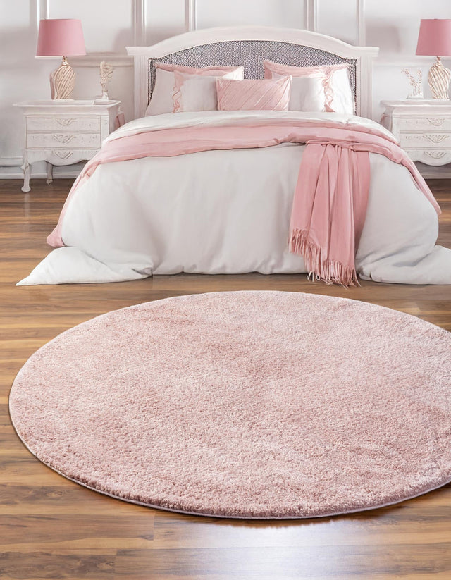 Pink 8' x 8' Solo Round Area Rug Thick Soft Touch Fluffy & Plush Shaggy Pile Durable Minimalist Carpet for Classic Interior Design for Sale at Rug Engine