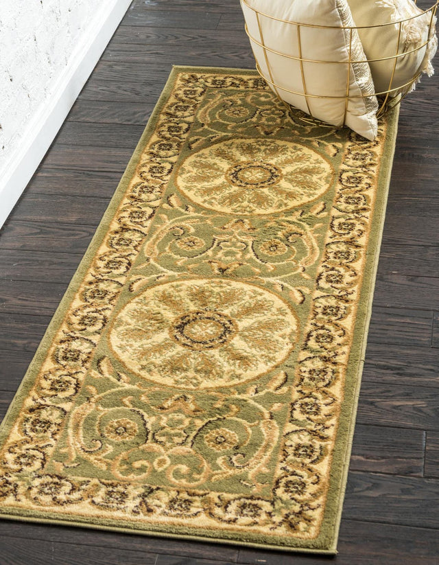 Light Green 2' 7 x 10' Versailles Runner Area Rug Classic Traditional Motif Indoor Carpet for Hallways, Dining Rooms, Bedrooms, Living Room, Office for Sale at Rug Engine